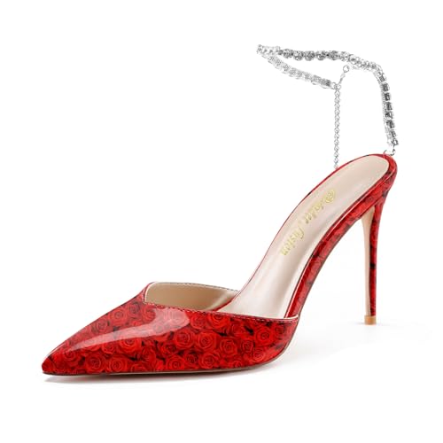 Reindee Lusion Women's Red Rose Floral Printed High Heels Sandals/Ankle Strap Chain Heels Size 8