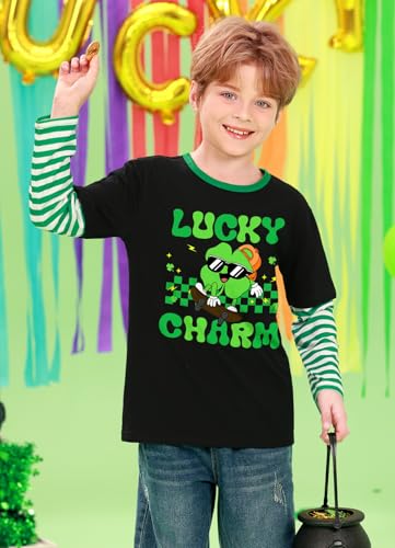 Image of Unisex Kid's St Patrick's Day Shamrock Top Striped Patchwork Irish Clover Long Sleeve Shirt 4-14 Years