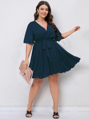 Image of SCOMCHIC Women's Plus Size Summer Dresses Short Sleeve Wrap V Neck A Line Skater Mini Short Dress XL-4XL
