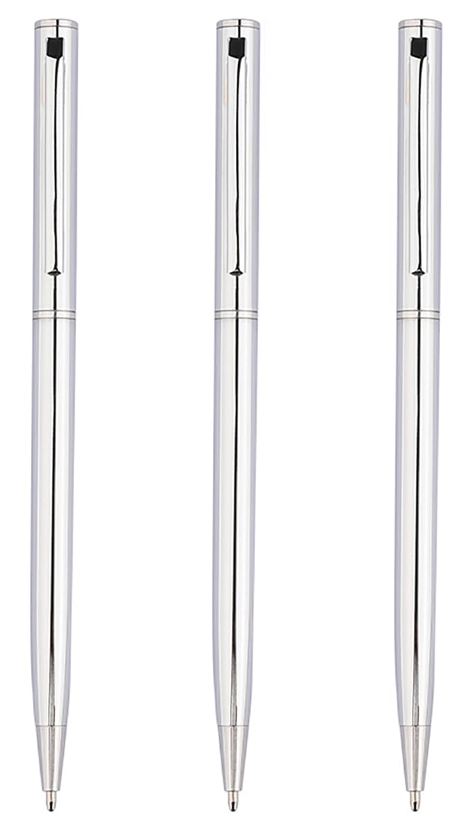 Gullor 3 Pieces Retractable Ballpoint Pen, Slim Metal Pens, 1.0mm Medium Point Black Ink, Silver, 1 Count (Pack of 3)