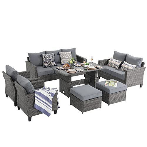 Sunsitt Outdoor Patio Furniture Set 7 Piece Wicker Conversation Set With Lift Coffee Table Sectional Dining Set 3 Seat Sofa Couch With Loveseat Ottoman, Grey Wicker & Grey Cushion #TOP1