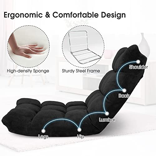 Image of Giantex Folding Floor Chair with Back Support, 14 Adjustable Position, Padded Sleeper Bed, Couch Recliner, Floor Gaming Chair for Adults Meditation Living Room Bedroom, Black