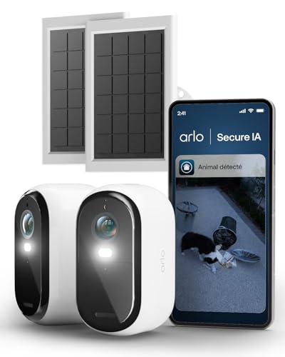 Arlo Essential 3 FHD et Panneaux Solaires, Caméra de Surveillance WiFi Extérieure sans Fil, Détection par IA, Vision Nocturne Couleur, Compatible avec Alexa, Essai Secure Inclus, 2 Caméras