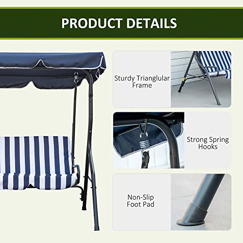 Outsunny 3-Person Patio Porch Swing With Adjustable Canopy For Adults, Steel Frame, Seat & Backrest Cushion, Armrests, Dark Blue & White Striped #TOP6