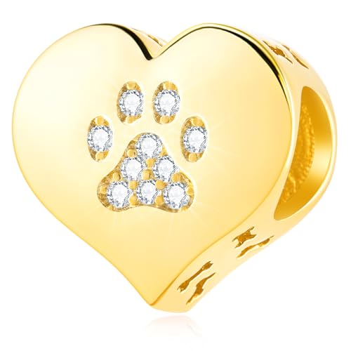 Image of Yellow Gold Plated Dog Paw Print on My Heart Charms, fit Pandora Animal Pet Bracelet, 925 Sterling Silver Puppy Cat Pawprint CZ Beads, Gift for Mum/Best Friends/Mothers Day