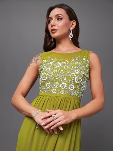 Image of Miss Chase Women's Round Neck Sleeve Embellished Fit Flare Maxi Dress