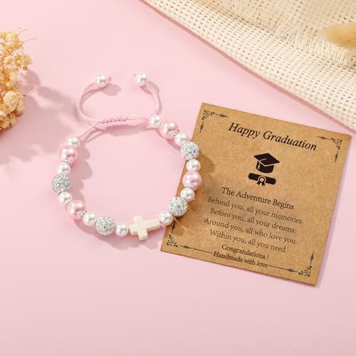 Image of Class of 2026 Graduation Gifts for Girls, Natural Cross Beads Charm Bracelet Middle High Kindergarten Preschool School Gifts Jewelry for Her