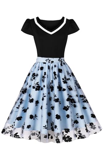 AXOE Damen Retrokleider Vintage A-Line Tüllkleid mit Herzausschnitt Cocktailkleider für Hochzeitsgast, Party und Festliche Anlässe Blau Schwarz...