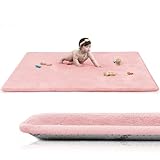 Baby Play Mat for Floor,1.3" Thick Elasti-Foam 50"×74" Playpen Mat for Tummy Time,Water Repellent Soft Coral Velvet for Toddler,Infant,Kids,Non-Slip Backing Safe for Crawling(Pink)