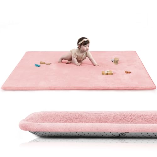 Huloo Sleep Baby Play Mat for Floor,1.3" Thick Elasti-Foam 47"×47" Playpen Mat for Tummy Time,Water Repellent Soft Coral Velvet for Toddler,Infant,Kids,Non-Slip Backing Safe for Crawling（Pin