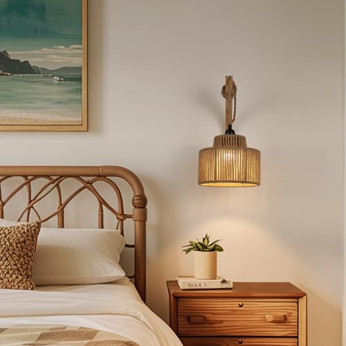 Image of Dijiahua Boho Wall Sconces Set of Two Battery Operated,Wireless Rechargeable Woven Rattan Sconces Wall Lights with Remote, RGB 12 Colors Dimmable Wall Lamp, Wood Indoor Cordless Sconce Lighting