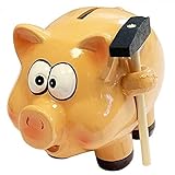 Material: cerámica, Con forma de cerdito, Tiene una ranura en la parte superior, Diseño muy original que incluye un martillo, Medidas aprox.: 12 x 14,5 x 12,5 cm