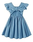 LYXIOF Toddler Baby Girl Cotton Linen Summer Dress Ruffle Sleeve Back Bowknot Kids Beach Dresses Blue 100CM