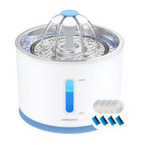 Vekonn Cat Water Fountain Stainless Steel Top with 4 Filters & 4 Sponges, Pet Fountain for Small Dog and Cat with LED Light and Water Level Window (Blue)