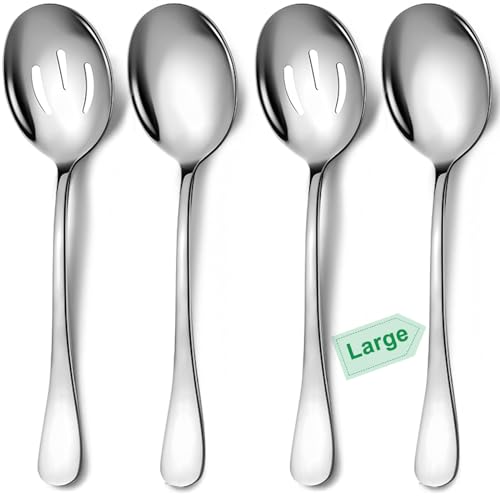 Large Serving Spoons, 4 Pieces Large Stainless Steel Serving Spoons Set Includes 2 Large Serving Spoon,2 Large Slotted Spoons. Serving Spoons for Parties, Dishwasher Safe, 10-Inch