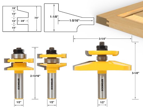 Yonico 12350 Shaker 3 Bit Raised Panel Cabinet Door Router Bit Set including Back-cutter Panel Raiser 1/2-Inch Shank