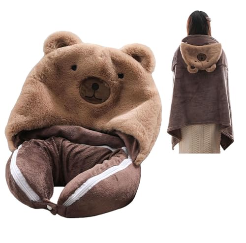IXITON Cuscino da viaggio animale cartone animato coperta, 2 in 1 cuscino per il collo con cappuccio coperta indossabile Poncho, aereo (orso)