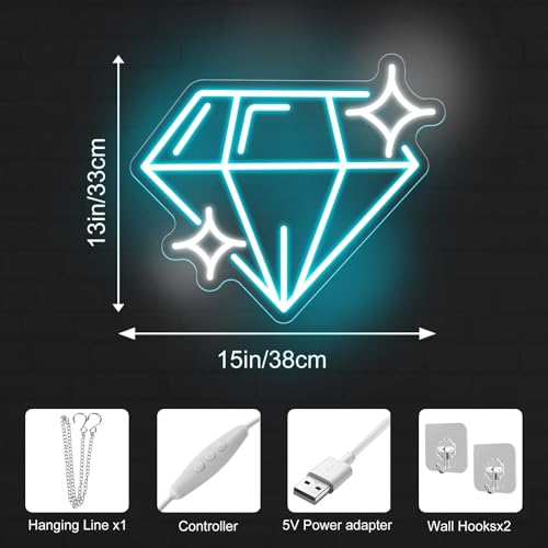 Image of Diamond Neon Sign Alluring Brightness Sparkling Sapphire Diamond LED Light | USB Powered Dimmable LED Light for Jewelry Makeup Stores Bars Parties & Home Decor Gift for Lover 13 inchx14.8 inch