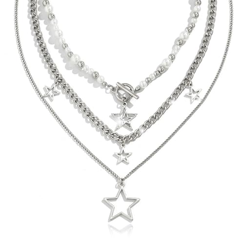3 Pieces Silver Star Necklace Choker Y2K Hipster Style Star Pendant Jewelry Set Faux Pearls Metal Chain Necklaces