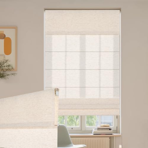Persilux No Drill No Tools Light Filtering Roman Shades for Windows,Natural Woven Linen Fabric,Thermal Insulated Roman Blinds,UV Protection,Cordless Roman Blinds for Home,Cream,Customize Size
