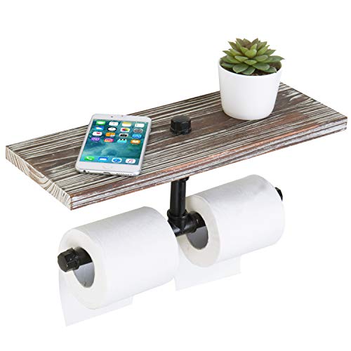 MyGift 16.5 Inch Industrial Wall-Mounted Dual-Roll Bath Toilet Paper Holder with Rustic Torched Wood Shelf