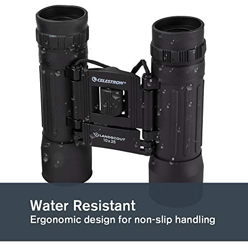 Celestron 72352 LandScout 10 x 25 mm Wasserbeständiges Dachkantprismenfernglas mit griffiger Gummioberfläche, vergüteter Linse, K9 optischem Glas, Halsriemen und weicher Tragetasche, schwarz – Bild 6
