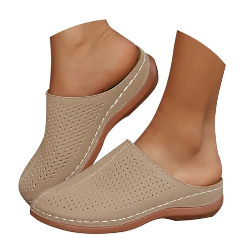 Image of Leather Clogs for Women Uk with Arch Support Orthopedic Sliders Mule Cushioned Insole Walking Low Wedge Closed Toe Shoes Summer Slip on Backless Wide Fit Ladies Soft Anti Slip Hollow Out Sandal