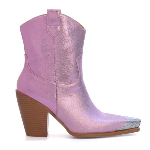 Image of Cowboy Ankle Boots for Women Engraved Steel Toe Cowgirl Boots Stacked Block Heels Short Cowboy Boot Fashion Dressy Western Country Booties