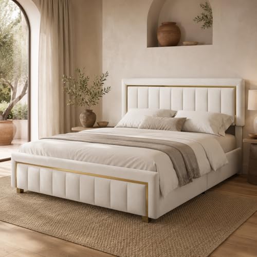 Cama de Matrimonio 160x200 cm con Canapé Abatible, Cama Tapizada de Terciopelo con Gran Espacio de Almacenamiento, Cabecero y Pie de Cama Acolchados, sin Colchón, Beige