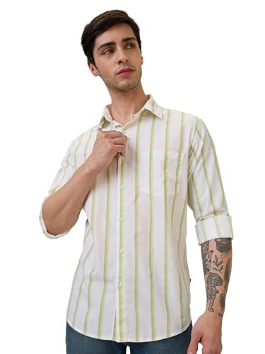 Image of Spykar Men Slim Fit Green Striped Casual Shirt (Size: 3XL)-MSHST1BE246-Lint Green
