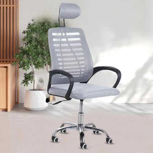 Image of Mesh Office Desk Chair,Rocking Ergonomic Computer Adjustable High with Headrest and Armrest Swivel Chair - Grey & Black Handle