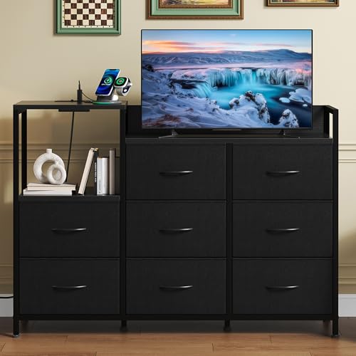 Image of NEWBULIG Dresser TV Stand with 8 Fabric Drawers and 1 Shelf, Wooden Top TV Media Console Table for Up to 45 inch, Entertainment Center with Charging Station for Living Room Bedroom, Black