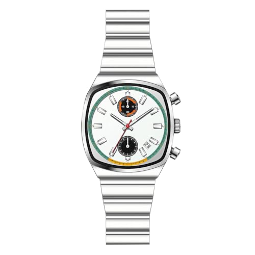 Fashion Business Square Mens Watches Luminous Waterproof Quartz Watch with Calendar & Chronograph - Stylish Gold & Silver Wristwatch Stainless Steel Band (Silver White)