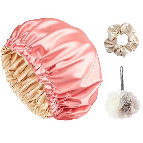 VANANSA 3PACK Shower Cap Satin lined Waterproof with Soft Loofah Sponge for Shower Blush-Champagne