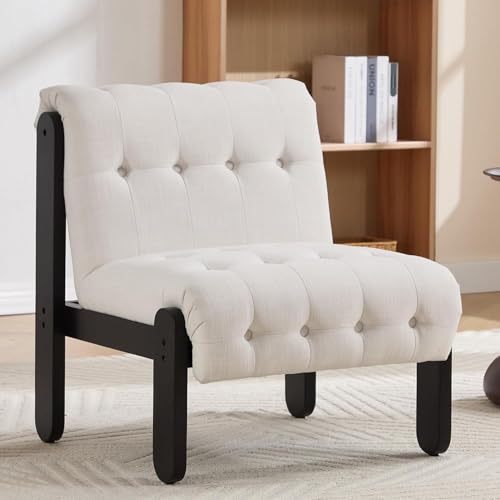 BESTANO Modern Armless Accent Chair for Living Room, Soft Beige Linen Button Tufted Upholstered Lounge Reading Chair with Black Wood Frame