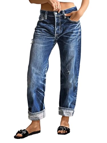 Flamingals Straight Leg Jeans for Women Mid Rise Casual Barrel Roll Hem Ripped Wash Denim Cropped Pants