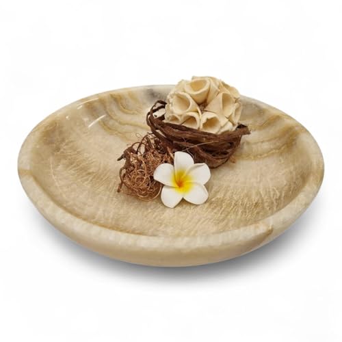 Kinaree Bol en marbre d'onyx fait à la main - Bol rond en pierre naturelle d'Indonésie - Bol décoratif, bol à fruits ou à bijoux - Pierre naturelle polie au grain unique et tailles (Ø 25 cm)
