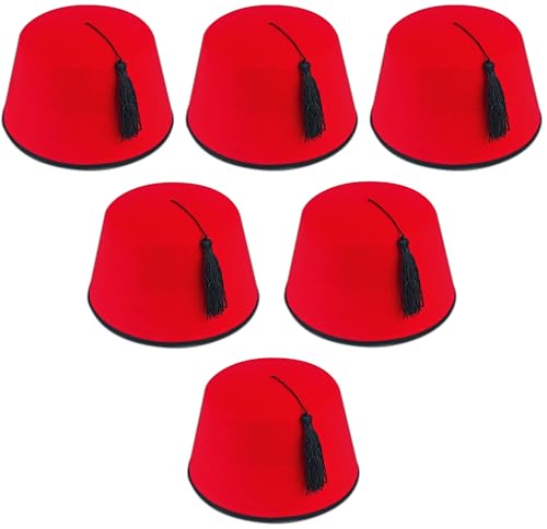 Quickdraw X 6 Adultes Rouge Chapeau Fez Turque Noir Pompons Unisexe Accessoire Déguisement