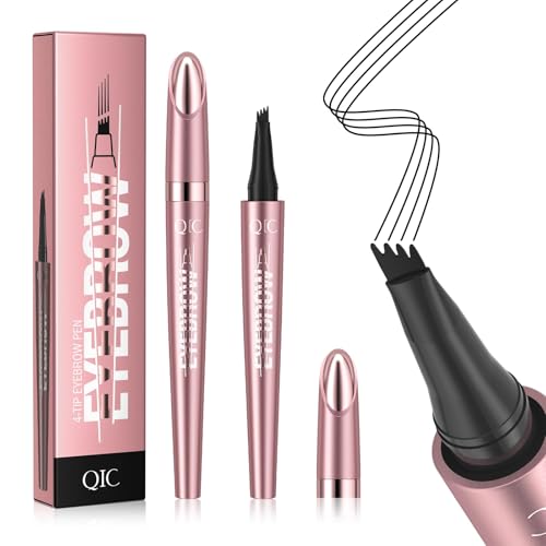 QIC 4-Tip Microblading Eyebrow Pen Waterproof Brow Marker Pen for Hair Stroke Brows Quick-Dry Smudge-Resistant Black
