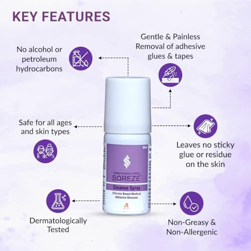 Image of Soreze Cleanse Medical Adhesive Remover Spray | Alcohol Free & Safe on Skin | No Sting and Painless | Quick Dry & Non Sticky Formula | Pack of 3 | 90ml