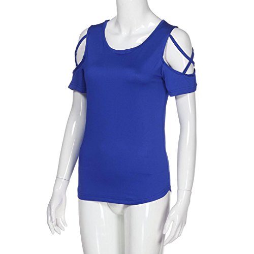 Forthery Women Cold Shoulder Tunic Tops Summer Short Sleeve Basic T Shirts Blouse (XXL, Blue)