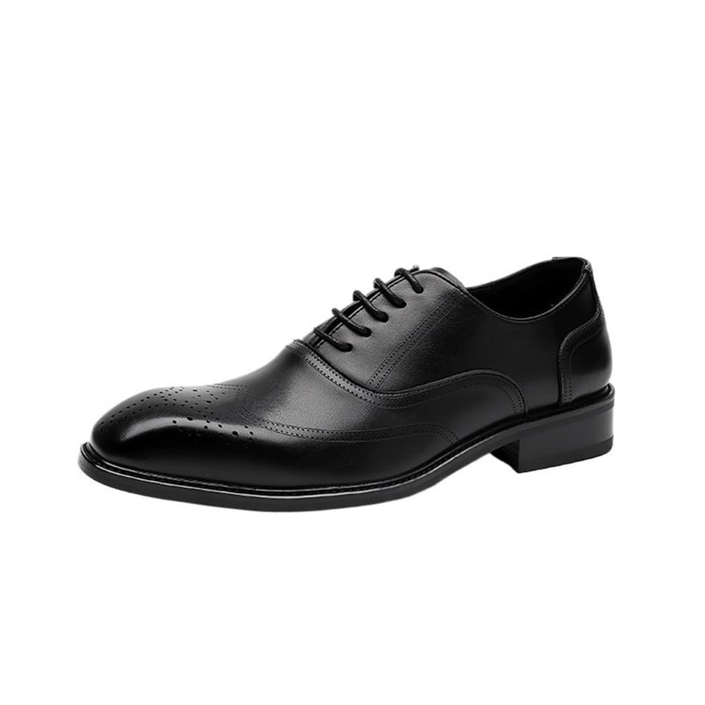 Men Oxford Genuine Leather Dress Shoes Pointed Toe Classic Brogue Lace Up Tuxedo Business Wedding Formal Comfortable Non