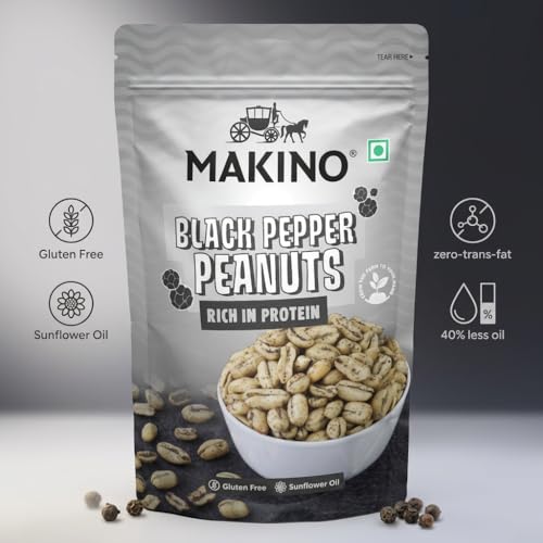 Image of Makino Black Pepper Roasted Peanuts | 140gm Pack of 4| Chatpata & Tasty Roasted Peanut Snack | High Protein, Gluten Free, Zero Cholesterol & Trans Fat | Crispy Crunchy Namkeen | Fiber Rich