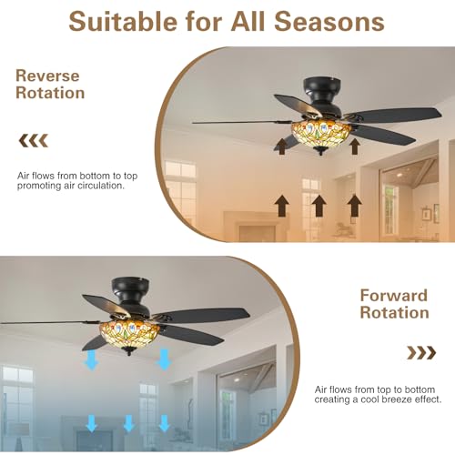 Size 48 Color Brown Tiffany Ceiling Fans with Lights - 48 Ceiling Fan Chandelier with 5 Dual-Blades and Glass Shade, 6 Speeds and Reversible, Indoor and Outdoor, Retro Style