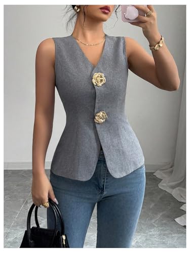 GORGLITTER Women's 3D Flower Metallic Vest Tops Button Up Waistcoat V Neck Sleeveless Vest Blazers4