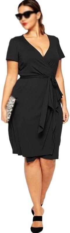 JSEIAJB V-Neck Wrap Dress Short Sleeve Sashes Work Office Dress Large Size Midi Party Dress(2XL)