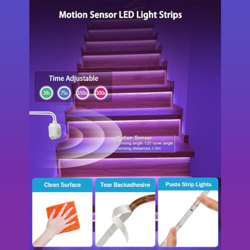 Image of Motion Sensor LED Cabinet Strip Light for Home 5M USB Closet Lamp Adhesive, App Control, Dimmable, Timer & Auto-Off, 7 Static & 4 Dynamic Modes Night Light with Sensor for Stairs, Kitchen, Wardrobe