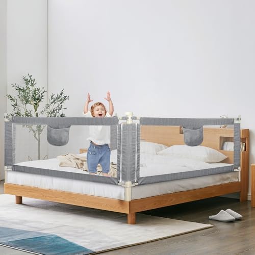 Dream On Me Barrière De Lit Bébé/Tout-Petit – Tissu Maille Respirant – Fixation Universelle Lit 1 Place – Gris
