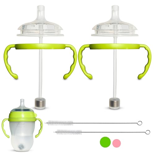Image of Straw Cup Conversion Kit for Comotomo Baby Bottles 2-Count, Food Grade Silicone Straw Nipples, All Silicone Weighted Straw, Bottle Handles and Cleaning Brush, BPA Free, 6+ Months (Straw Top, Green)