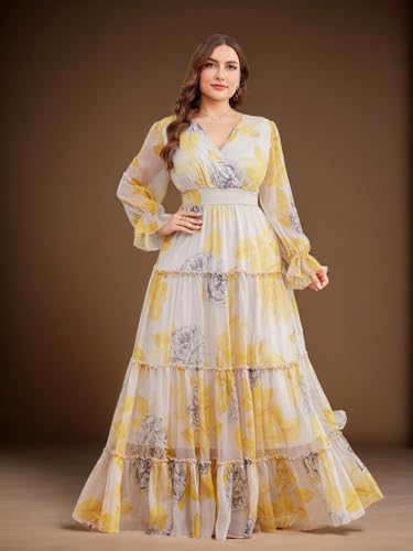 Image of Spring Summer 2024 Plus Size Womens Dresses V Neck Casual Elegant Long Sleeve Floral Print Maxi Dress